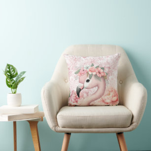 Flamingo & Peonies on Blush Pink Toile Throw Pillow