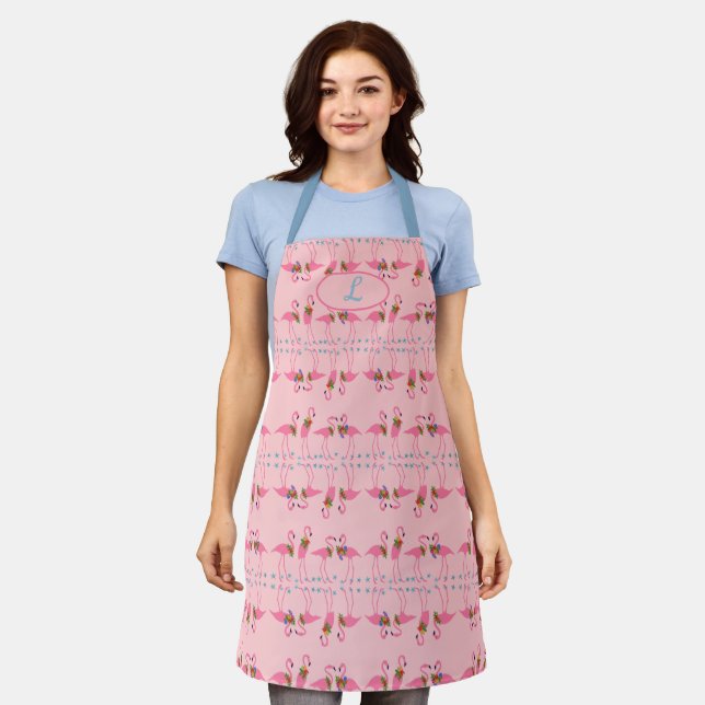 Flamingo Personalized Initial Pink Tropical Apron (Worn)