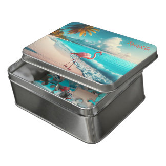 Flamingo Personalized Tropical Pink Beach Kids Jigsaw Puzzle