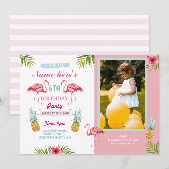 Flamingo Photo Pineapple Tropical Aloha Birthday Invitation (Front/Back)