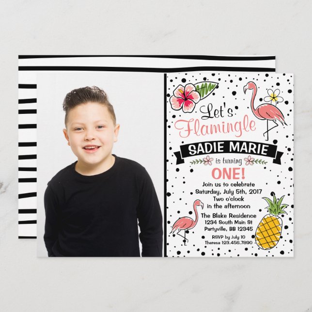 Flamingo Pinapple Doodle Birthday Photo Invitation (Front/Back)