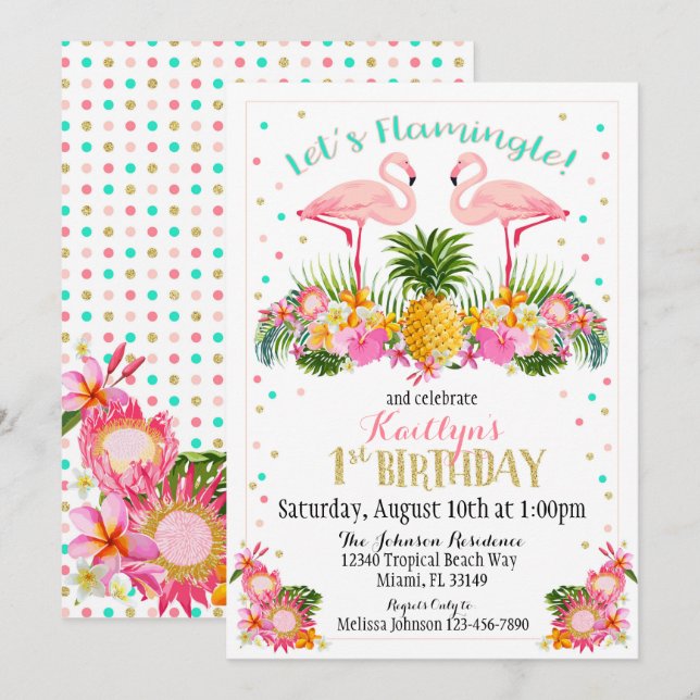 Flamingo Pineapple and Tropical Floral Birthday Invitation (Front/Back)