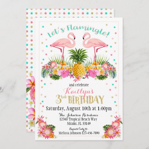 Flamingo Pineapple and Tropical Floral Birthday Invitation