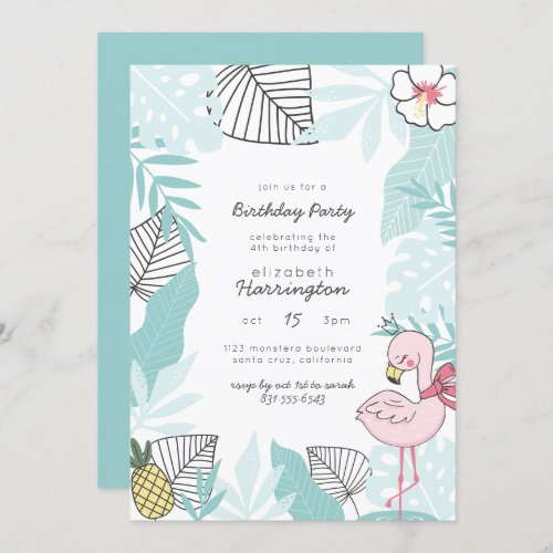 Flamingo Pineapple  Hibiscus Tropical Birthday Invitation