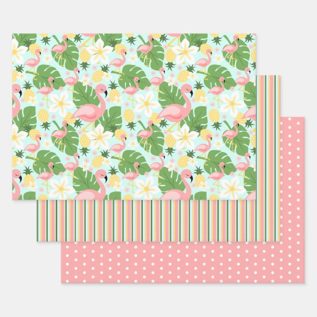 Flamingo, Pineapple, Monstera Tropical  Wrapping Paper Sheets (Set)