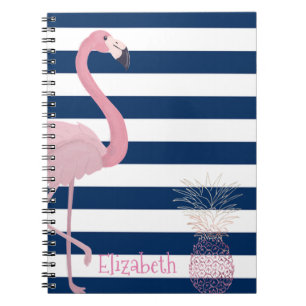 Flamingo,Pineapple Navy Blue Stripes-Personalized Notebook