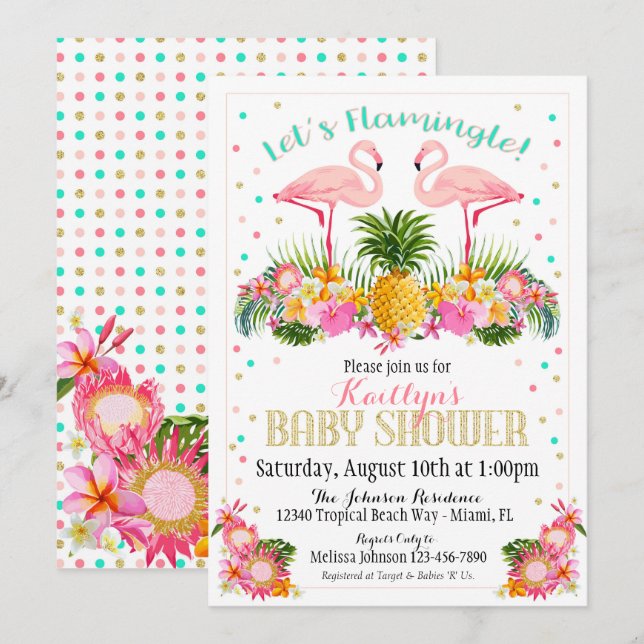 Flamingo Pineapple Tropical Baby Shower Invitation (Front/Back)