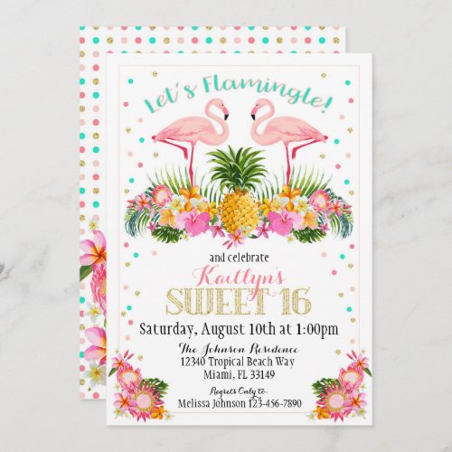 Flamingo Pineapple Tropical Sweet Sixteen Birthday Invitation