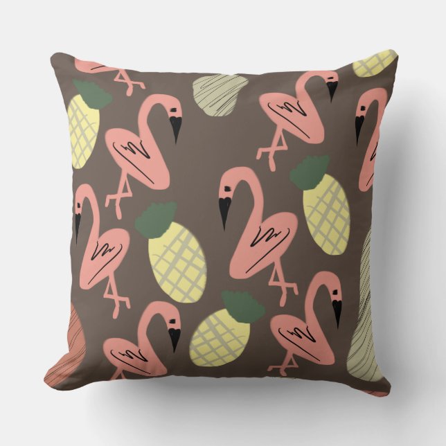 Flamingo Pineapples Hand Drawn Doodles Throw Pillow (Front)