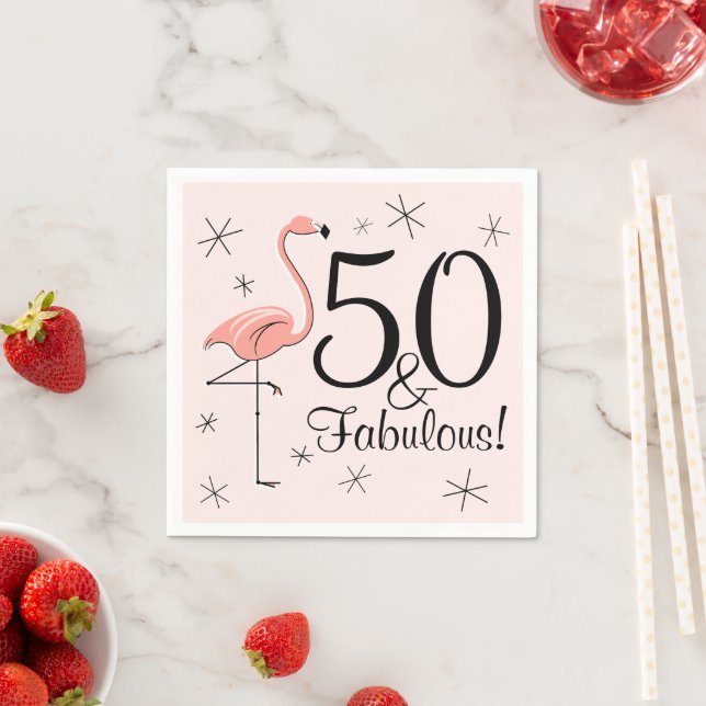 Flamingo Pink '50 and Fabulous!' paper napkins (Insitu)