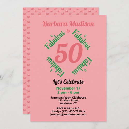 Flamingo Pink 50  Fabulous Birthday Party Invitat Invitation