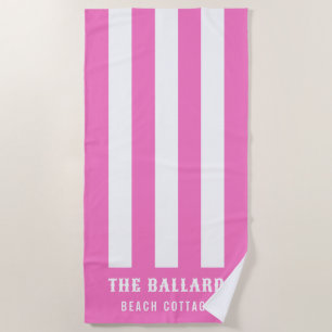 Flamingo Pink and White Stripes Beach House Beach Towel