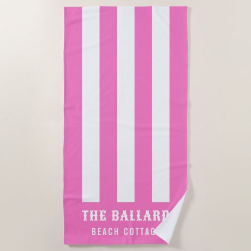 Flamingo Pink and White Stripes  Beach House Beach Towel