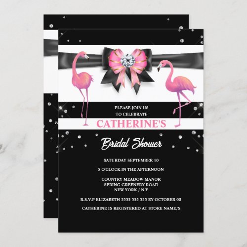 Flamingo pink black bridal shower glitter glam  invitation