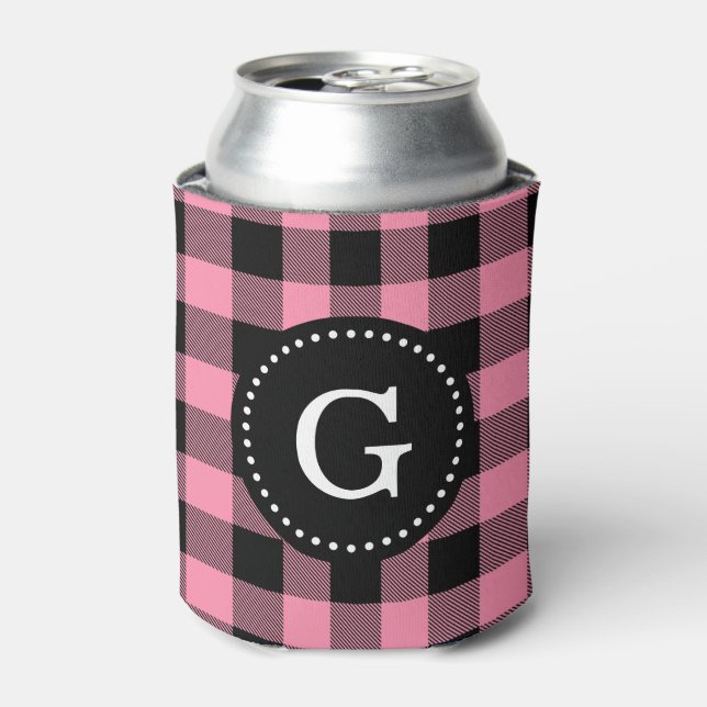 Flamingo Pink Buffalo Check Plaid 1I Monogram Can Cooler (Can Front)