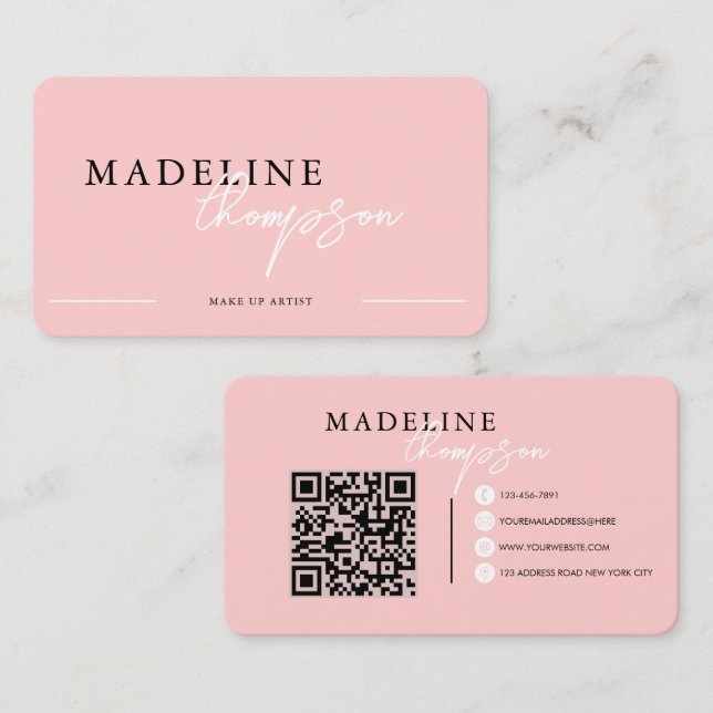 Flamingo Pink Calligraphy Script QR code Business Card (Front/Back)