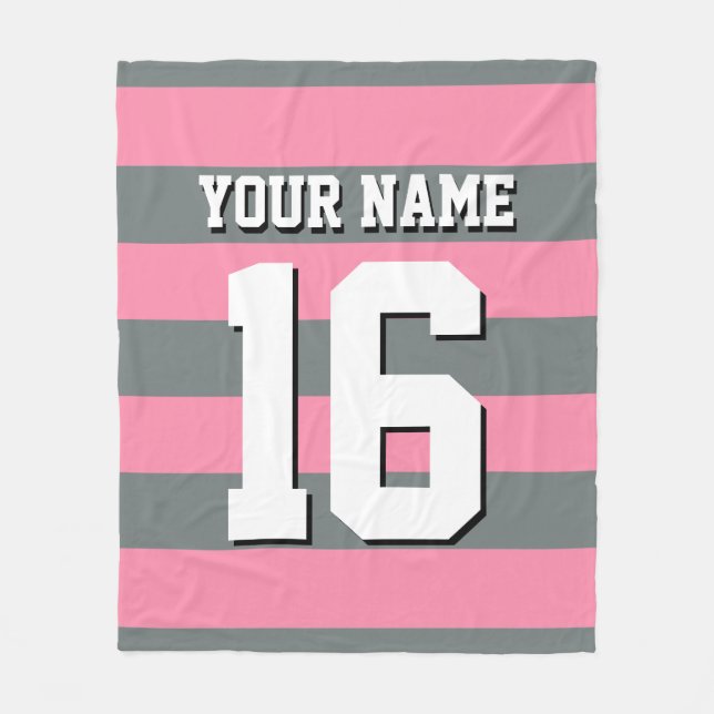 Flamingo Pink Charcoal Team Jersey Preppy Stripe Fleece Blanket (Front)