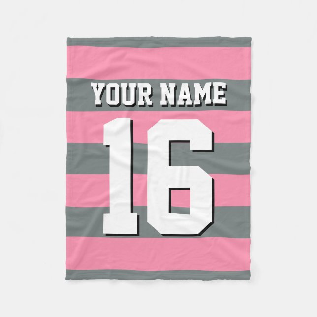 Flamingo Pink Charcoal Team Jersey Preppy Stripe Fleece Blanket (Front)