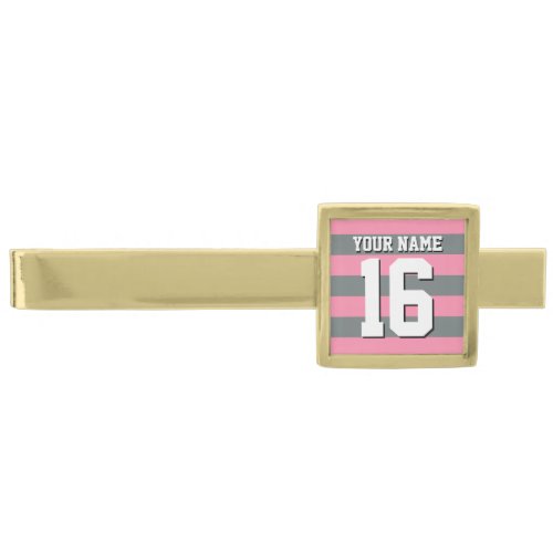 Flamingo Pink Charcoal Team Jersey Preppy Stripe Gold Finish Tie Bar