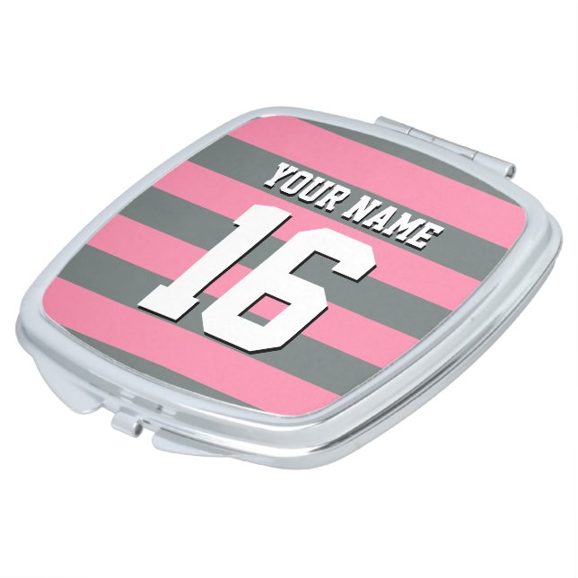Flamingo Pink Charcoal Team Jersey Preppy Stripe Makeup Mirror (Turned)