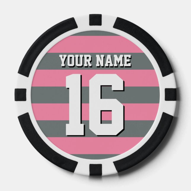 Flamingo Pink Charcoal Team Jersey Preppy Stripe Poker Chips (Front)