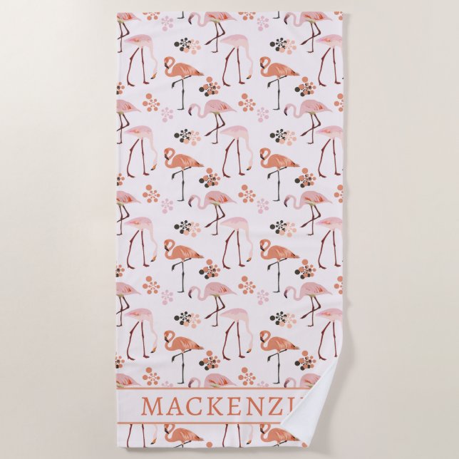 Flamingo Pink Coral Name Beach Towel (Front)