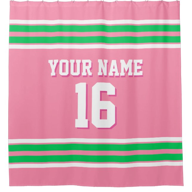 Flamingo Pink Emerald Green Stripes Sports Jersey Shower Curtain (Front)