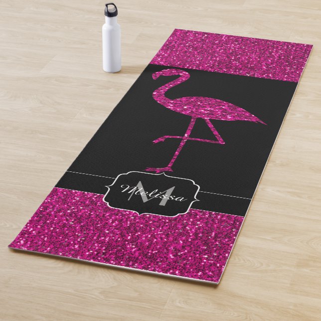 Flamingo Pink faux glitter sparkles black Monogram Yoga Mat (In Situ)