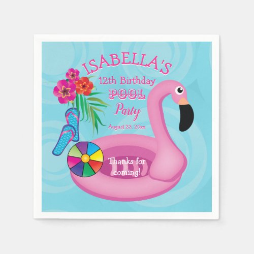 Flamingo Pink Floral 12th Birthday Pool Party Napkins