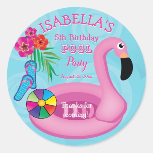 Flamingo Pink Floral 5th Birthday Pool Party Classic Round Sticker