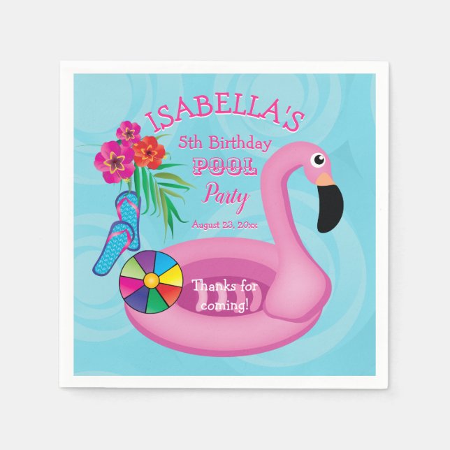Flamingo Pink Floral 5th Birthday Pool Party Napkins (Front)