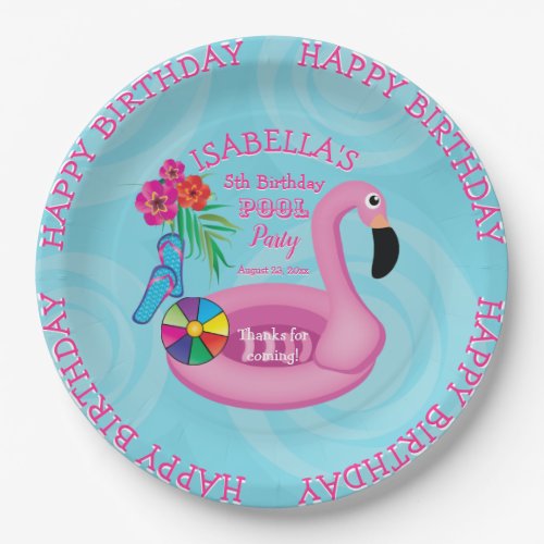 Flamingo Pink Floral Birthday Pool Party Paper Plates
