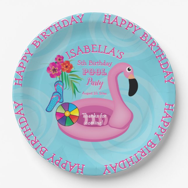 Flamingo Pink Floral Birthday Pool Party Paper Plates (Front)