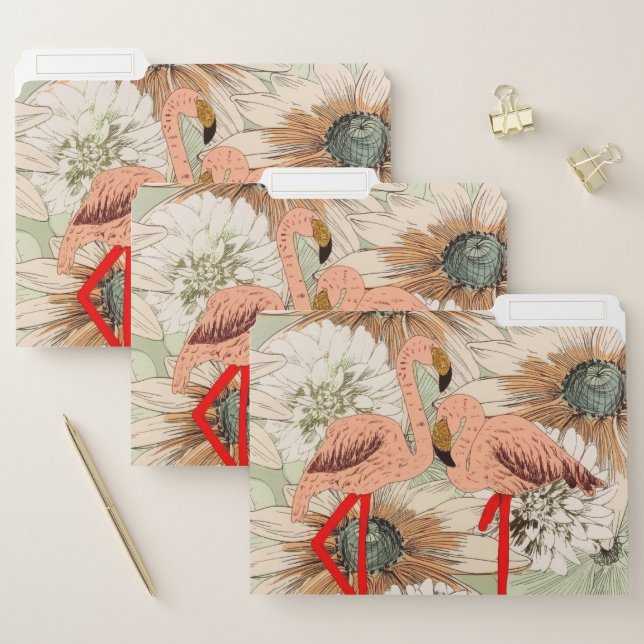 Flamingo Pink Floral Tropical Leaves Glitter File Folder (Set)