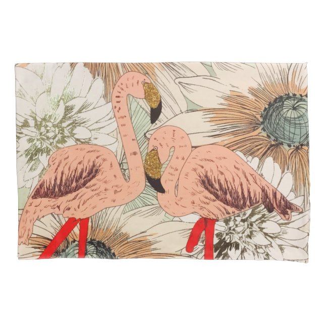 Flamingo Pink Floral Tropical Leaves Glitter Pillow Case (Front)