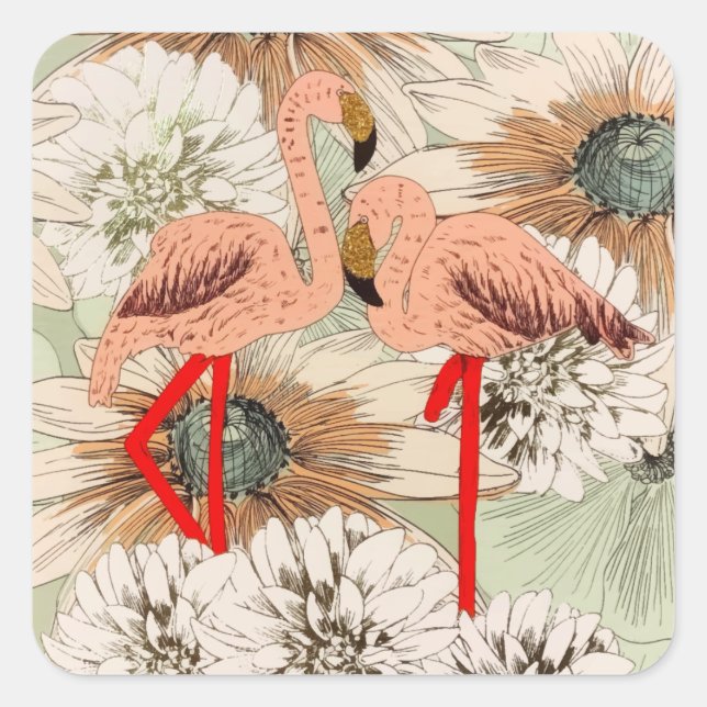 Flamingo Pink Floral Tropical Leaves Glitter Square Sticker (Front)