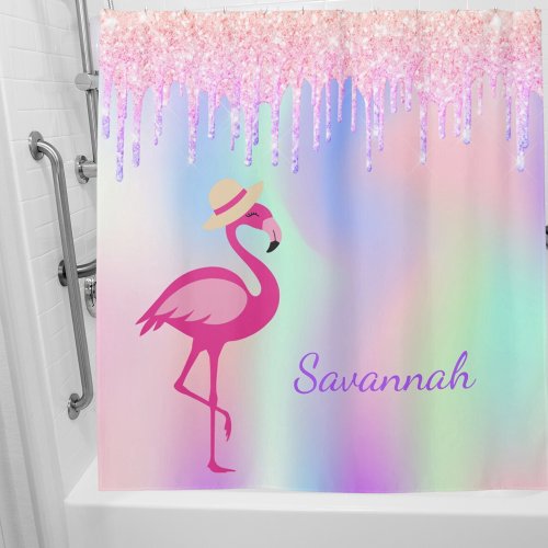 Flamingo pink glitter drips monogram holographic shower curtain