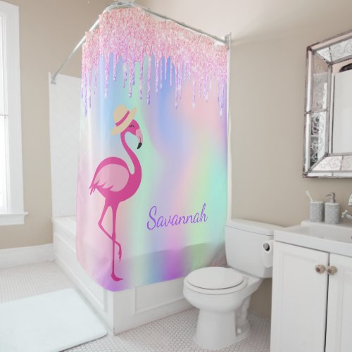 Flamingo pink glitter drips monogram holographic shower curtain
