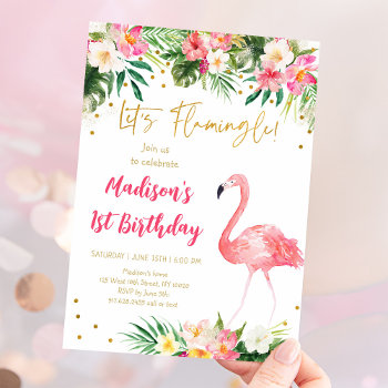 Flamingo Pink Gold First Birthday Invitation by LittlePrintsParties at Zazzle