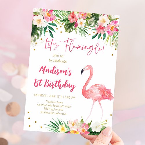 Flamingo Pink Gold First Birthday Invitation