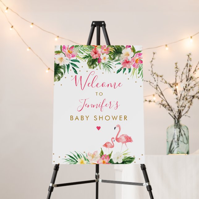 Flamingo Pink Gold Floral Baby Shower Welcome Foam Board (In Situ (Stand))