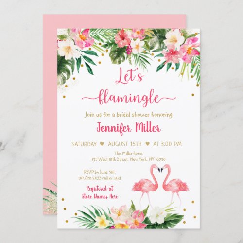 Flamingo Pink Gold Tropical Floral Bridal Shower Invitation