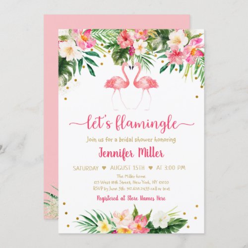 Flamingo Pink Gold Tropical Floral Bridal Shower Invitation