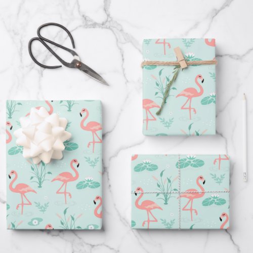 Flamingo Pink Green Tropical Birds Trendy Wrapping Paper Sheets