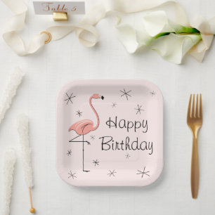 Flamingo Pink Happy Birthday square Paper Plates