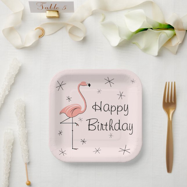 Flamingo Pink Happy Birthday square Paper Plates (Wedding)