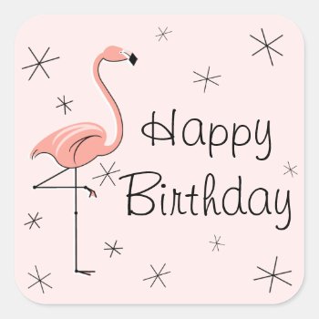 Flamingo Pink Happy Birthday Sticker Square by QuirkyChic at Zazzle