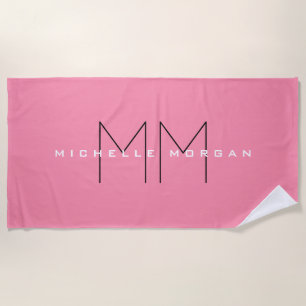 Flamingo Pink Monogram Minimalist Name Initials Beach Towel