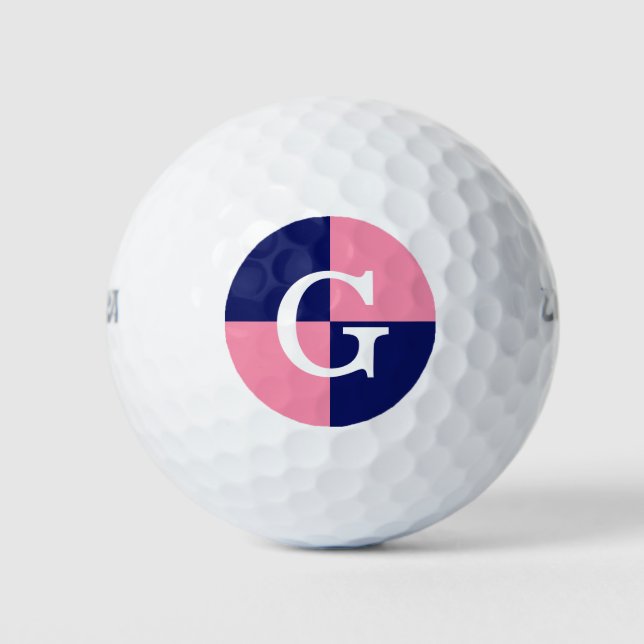 Flamingo Pink Navy Blue LG Checker Monogram Golf Balls (Front)