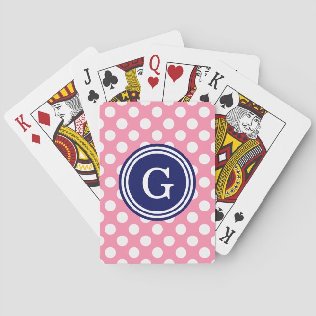 Flamingo Pink Navy Blue White Polka Dots 1IR Poker Cards (Back)